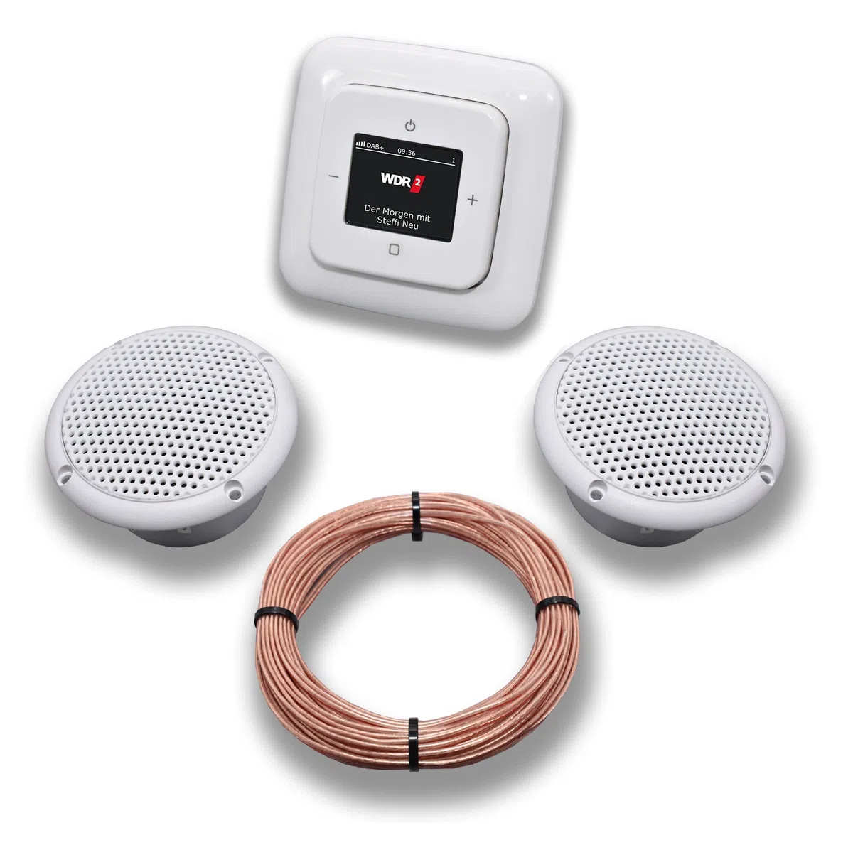 Busch Jäger DAB+ Unterputz Unterputzradio DAB Plus 8215 U – 101 Reflex Si alpinweiß - Komplettset + 2 x Deckenlautsprecher Feuchtraum Badezimmer + 20 Meter Lautsprecherkabel 2x0,75 mm² 8215U-101