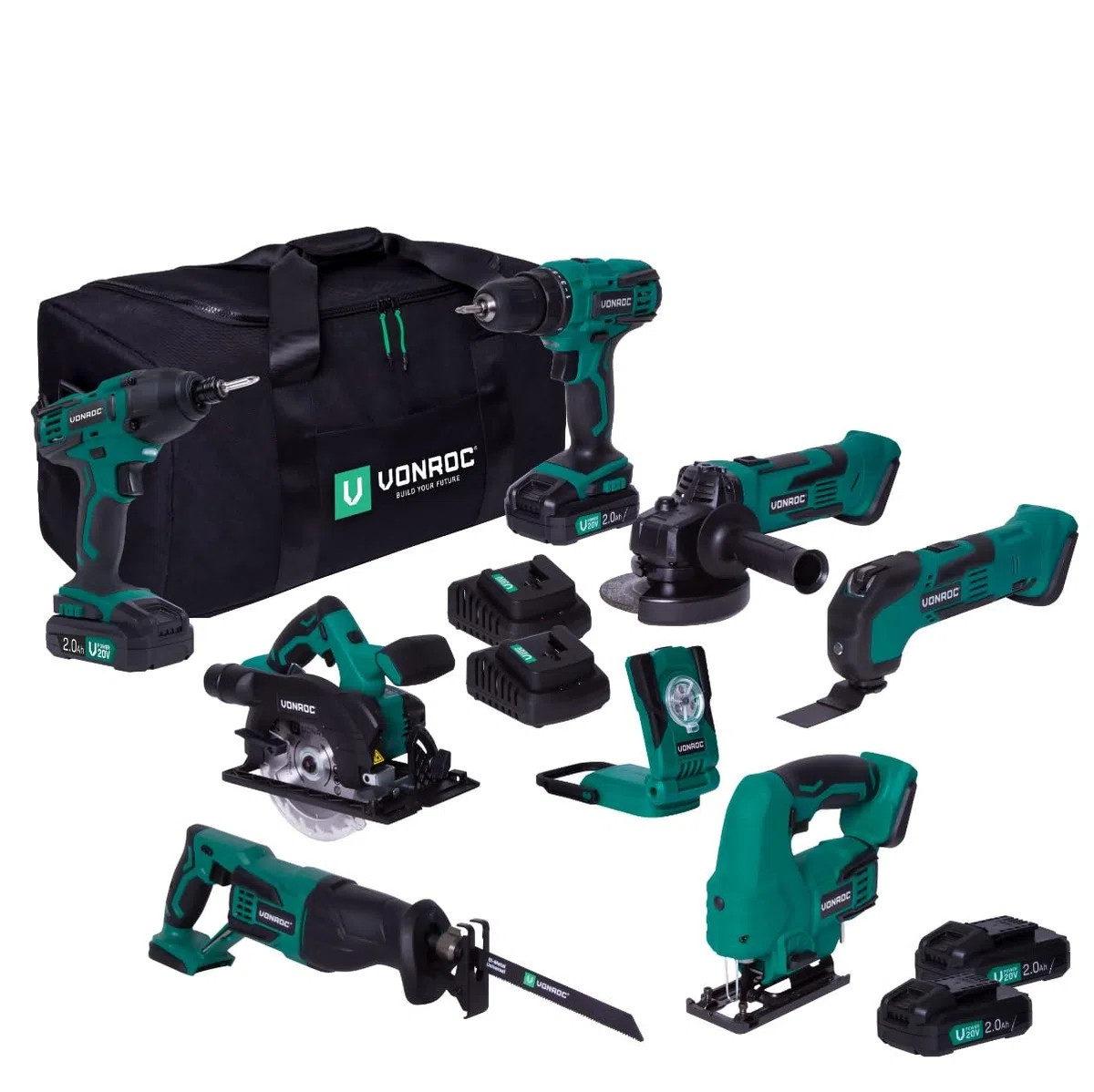 VONROC Werkzeugset VPower 20V - 2.0Ah | inkl. 7 Maschinen, 4 Akkus und 2 Schnellladegeräten
