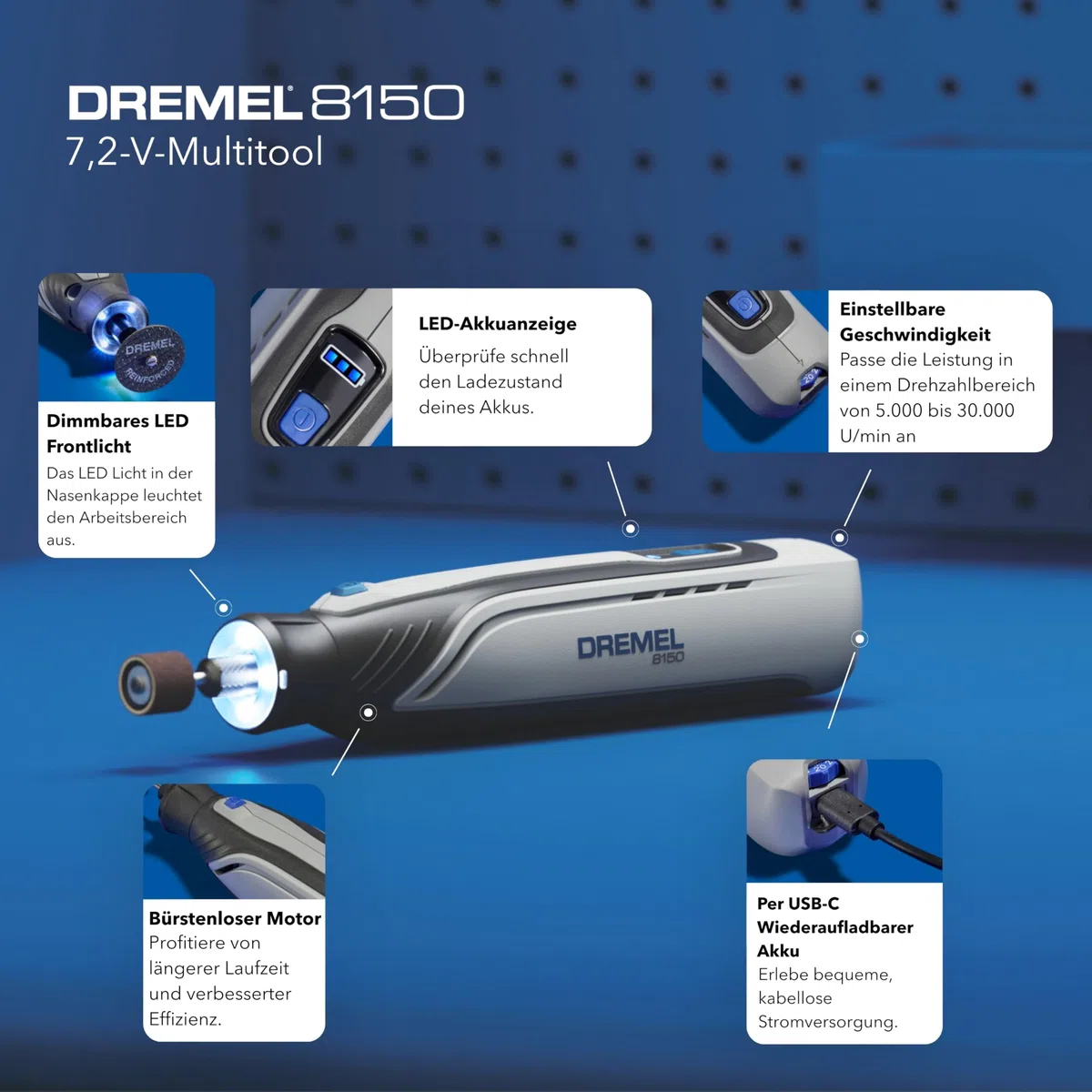 Dremel 8150 Bürstenloses Akku-Multitool-Set, 7,2V 2Ah per USB-C aufladbarer Akku, 20 Zubehöre, Variable Drehzahl von 5.000 bis 30.000 U/min, LED-Frontlicht, Schneiden, Schärfen, Schnitzen, Schleifen
