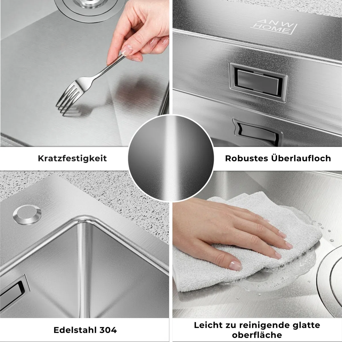 ANW HOME Spülbecken Küche 2 Becken 61x51 cm, Edelstahl 304 | Einbau, Nano-Beschichtung, Stärke 3,0+1 mm, Mit Siphon, Seifenspender, Korb