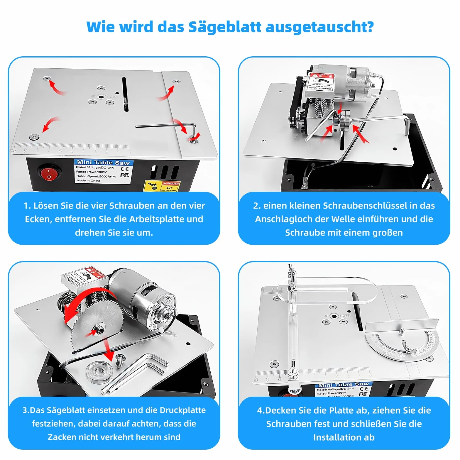 Tischkreisäge mit 4 Klingen, 7-Gang-Netzteil Einstellbarer, Tischkreissäge Klein Tragbare Präzisions, Table Saw Blade 0,1-15mm Sägeblatt Hönverstellbarer, Mini Tischkreisäge für DIY-Holz