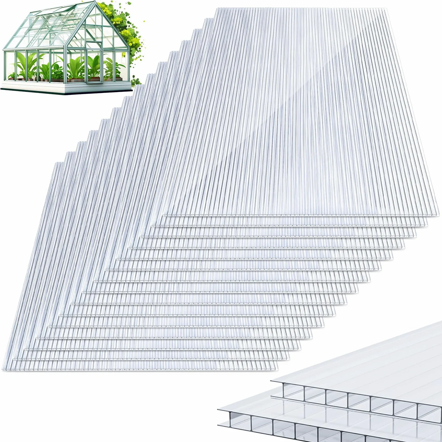 10x Polycarbonat Hohlkammerstegplatten 8mm, 60.5 x 121 cm Zuschneidbarer, Gewächshausplatten UV-beständigen für Gewächshaus Gartenbau Treibhaus Ersatzplatten
