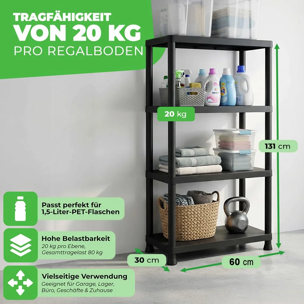 Ondis24 Steckregal 60 x 30 x 131 (H) cm, 4 Böden, Kunststoffregal, Schwerlastregal, bis zu 80 kg, Regal, Lagerregal (2 Stück)