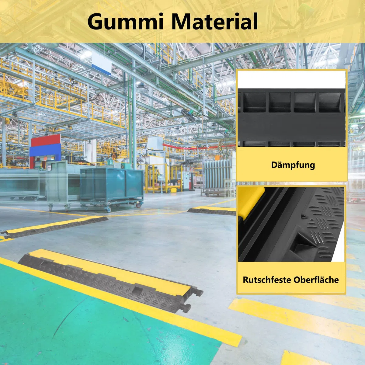 XMTECH 2X Gummi Kabelschutz Rampe, 2-Kanal Kabelbrücke überfahrbar bis 10 Tonnen Traglast, 100 x 24 x 5 cm, robuste Kabelbrücke aus Gummi, schwarz-gelb für Parkplätze, Baustellen, Lagerhallen