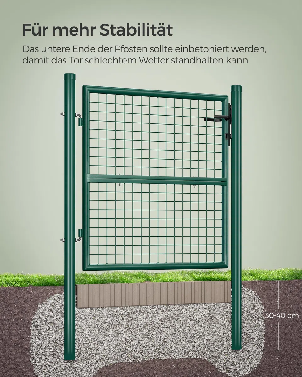 SONGMICS Gartentor, Gartentür, verzinkter Stahl, robust und langlebig, abschließbar, rundes Rohr, Tür 87 x 100 cm, 106 x 100 cm (B x H), grün GGD150G01