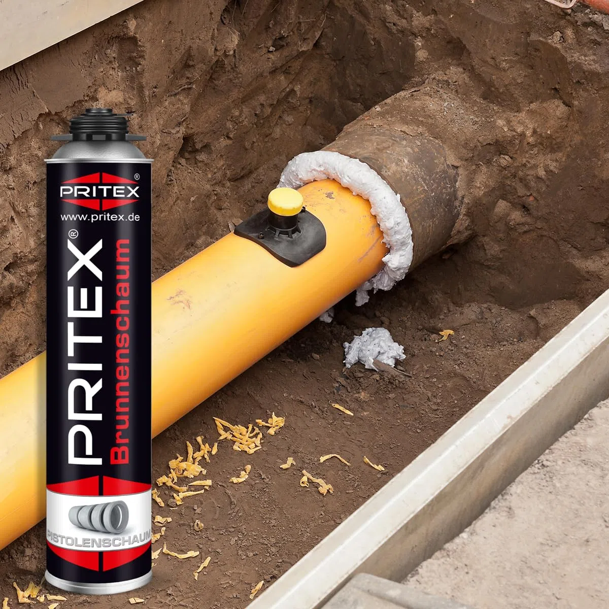 PRITEX – Brunnenschaum 6 x 750 ml zur Montage von Brunnenschachtringen & Rohrelementen – Pistolenschaum mit sehr guter Haftung & hoher Beständigkeit – Bauschaum für Montagepistole