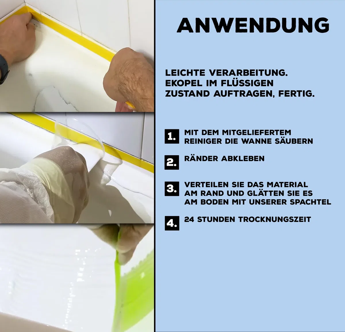 EKOPEL 2K Optimum Wasserfeste Farbe für Dusche | 24 St Härtungszeit| Badewannenlack weiß Set | Badewannen Beschichtung aus Emaille Lack | dicke Badewannenfarbe | Duschwanne bis 90x90 cm…
