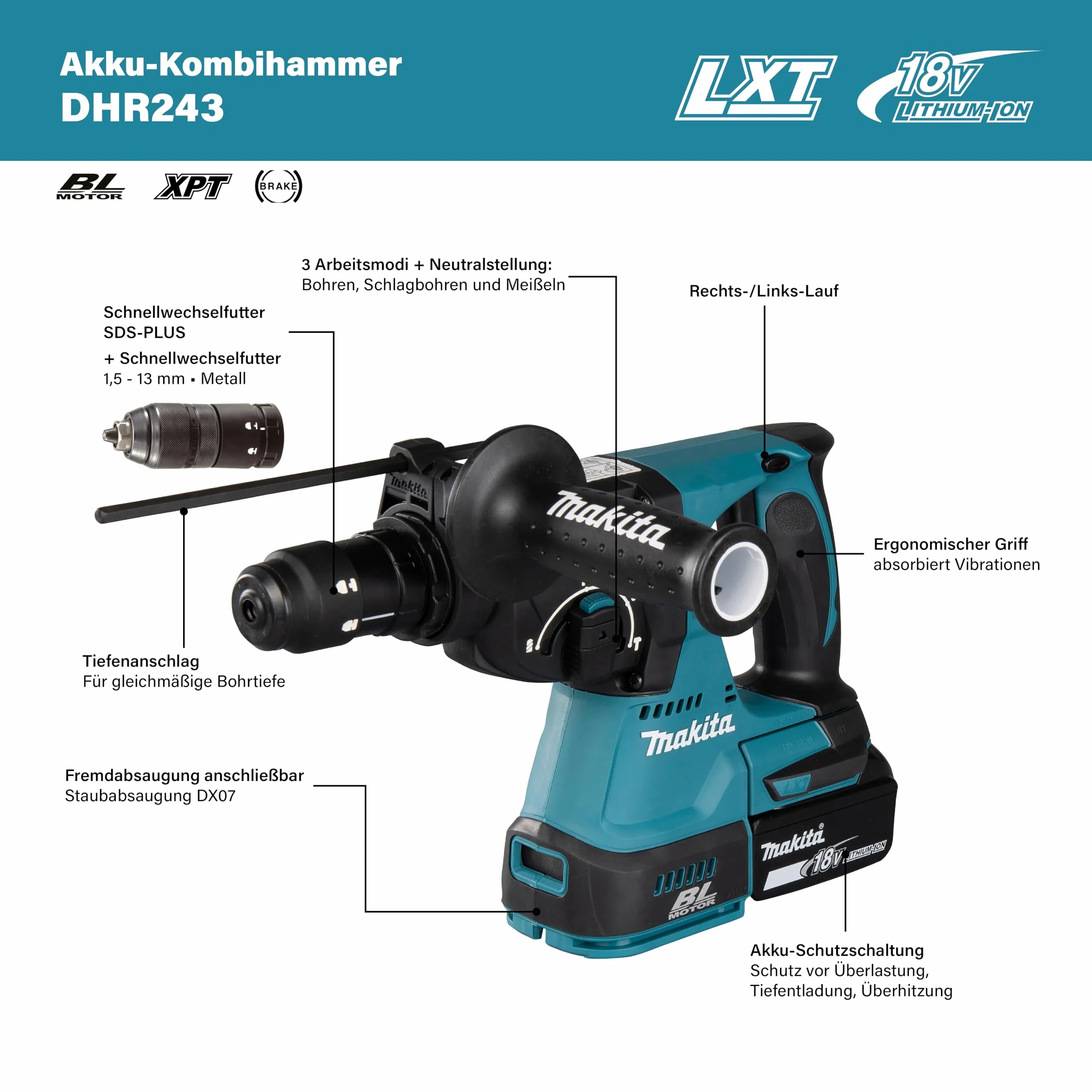 Makita DHR243Z Akku-Kombihammer (ohne Akku, ohne Ladegerät, ohne Staubabsaugung) 18V