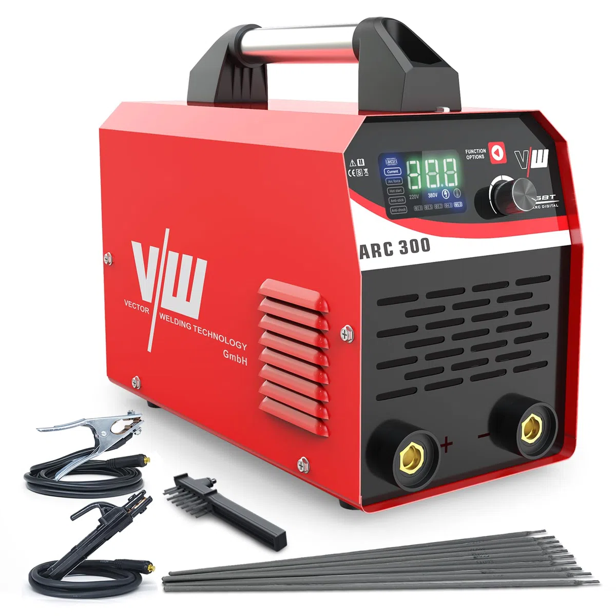 VECTOR WELDING 300A Elektroden Schweißgerät, ARC/MMA IGBT Inverter Schweißgerät mit Heißstart, Anti-Sticking und Überhitzungsschutz für Profis, ARC 300, Inklusive 10 x Schweißelektroden