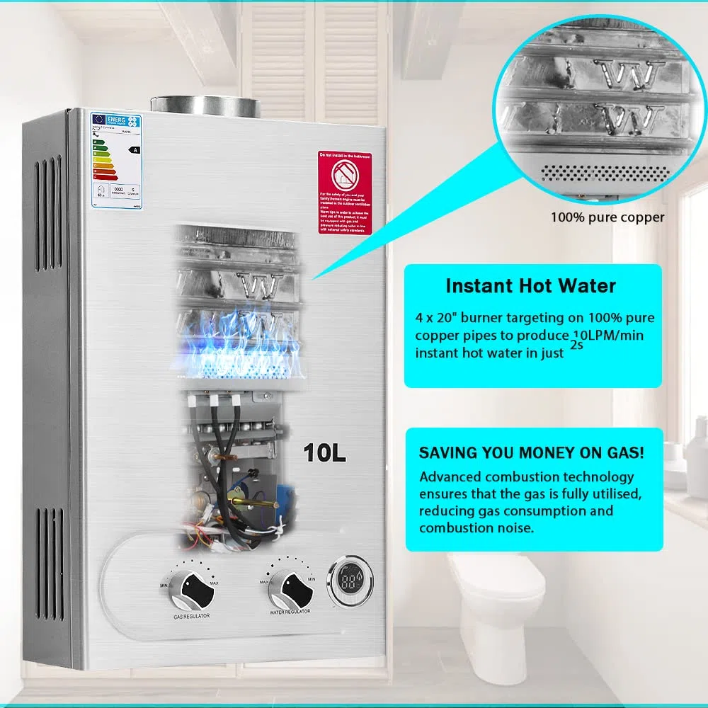 BreeRainz LPG Gasdurchlauferhitzer 10L,20KW Propan Butan Durchlauferhitzer mit Duschkopf,Super Niedrigem 0,2 bar Startwasserdruck für Zuhause Wohnmobile Kabinen