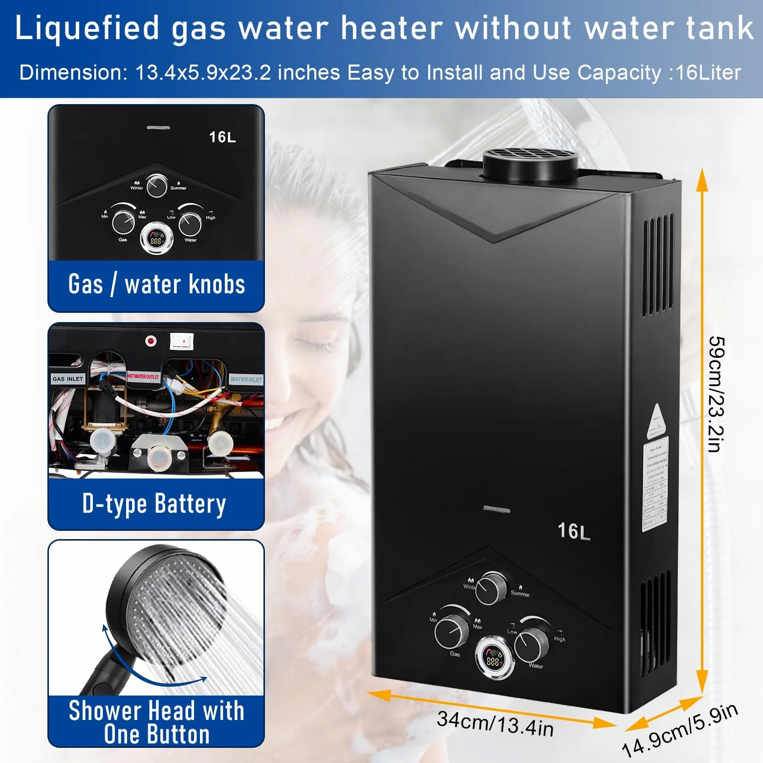 Durchlauferhitzer – tragbarer Gas-Warmwasserbereiter, 4,21 GPM / 16 l, mit Gasregler, Flammenausfallsicherung, Frost- und Überhitzungsschutz, verlängertem Schlauch und Brausehalter Schwa