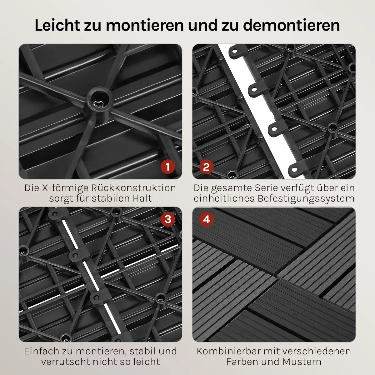 WOLTU WPC Fliese, Terrassenfliesen Holz-Optik, Bodenbelag mit Klicksystem, 30 x 60 cm, Anthrazit (12 Stück / 2 m²)