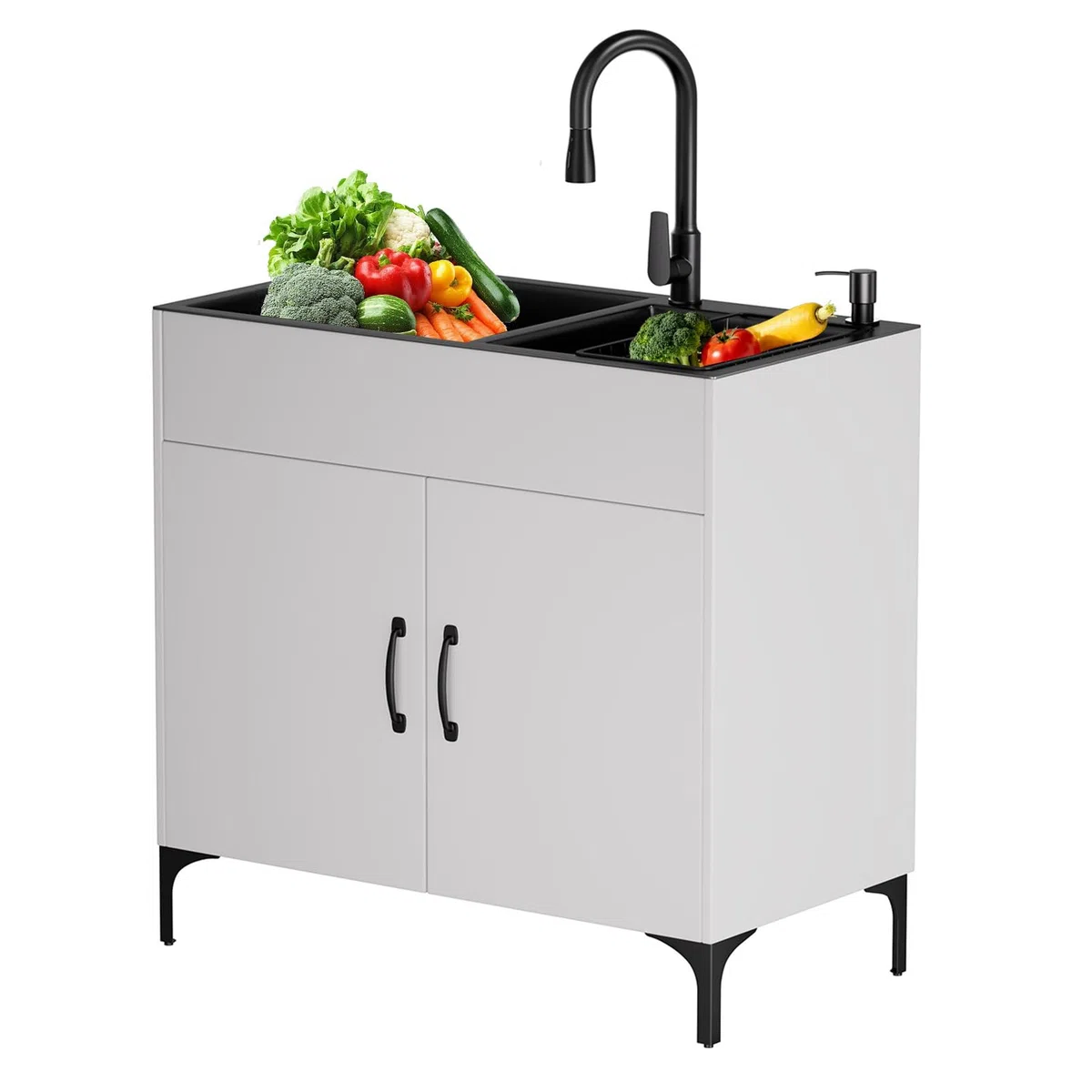 Freistehende Spüle mit Unterschrank,Edelstahl Spültisch Ausgestattet mit Ausziehbaren Warm- und Kaltwasserhähnen Sowie Einem Abfluss, Geeignet für Küche, Außenbereich, Werkstatt, Waschküche, Camping