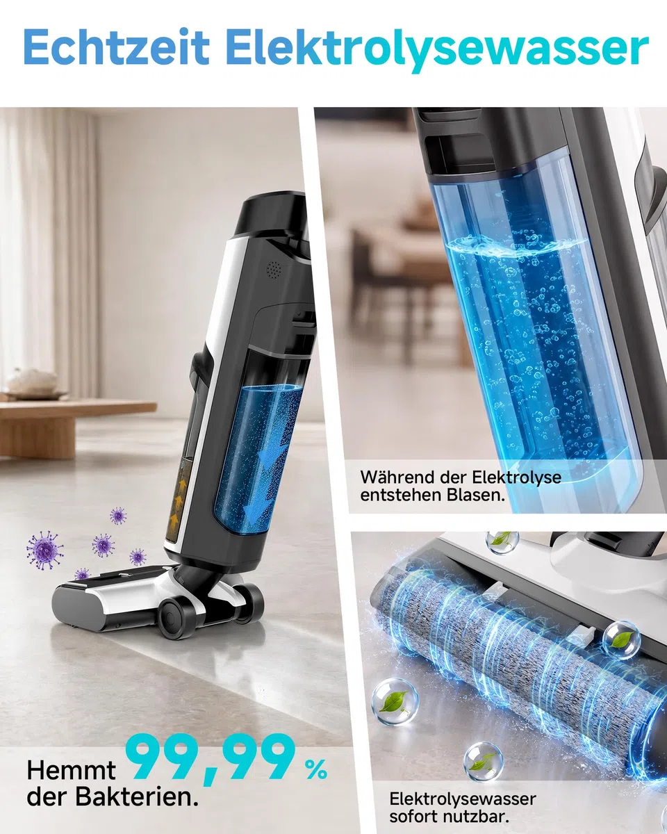 Hearten Nass Trockensauger, 25 kPa, mit Wasserelektrolyseur zur Desinfektion, Selbstreinigung, Sprachansage, Randreinigung, LED-Display, Bürstenloser Motor, Geräuscharm, Haushalte