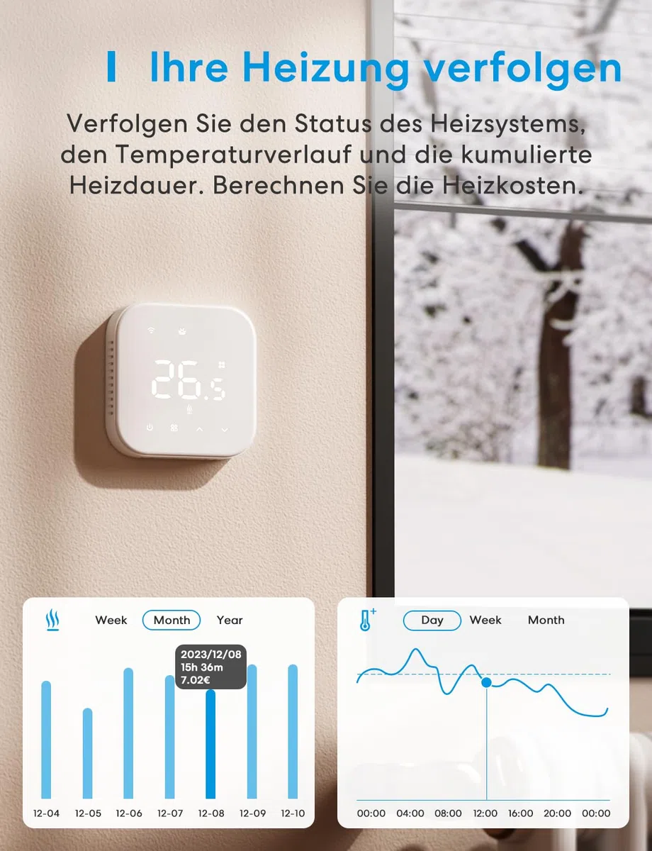 Meross Thermostat Matter Heizungsthermostat Heizung Smart Digital WLAN Raumthermostat für Fußbodenheizung & Boiler, Intelligente Wandthermostat kompatibel mit Alexa, Siri & Google, Home Assistant