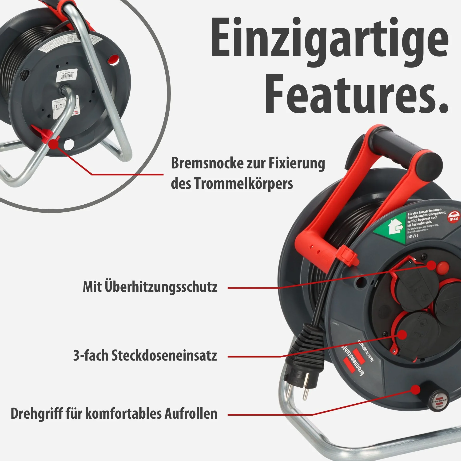 Brennenstuhl Garant V2 IP44 Kabeltrommel 25m outdoor (Made in Germany, 3 Schutzkontakt-Steckdosen, Spezialkunststoff)