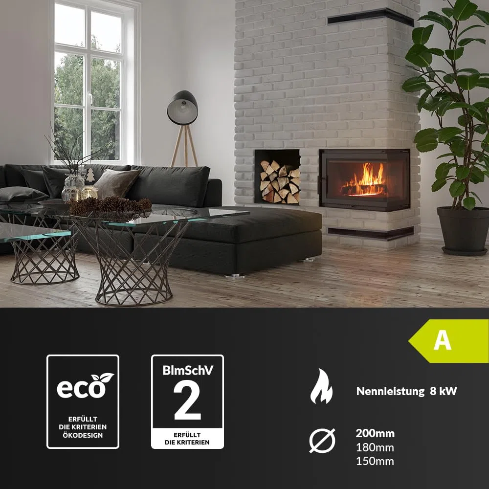 KRATKI Einfacher holzbefeuerter Kamineinsatz Lufteinlass BImSchV 2-konform 11 kW Thermischer Wirkungsgrad 75% Abgasauslass fi 200 mm dekorative Glasscheibe aus Gusseisen RightPlus Zubehör