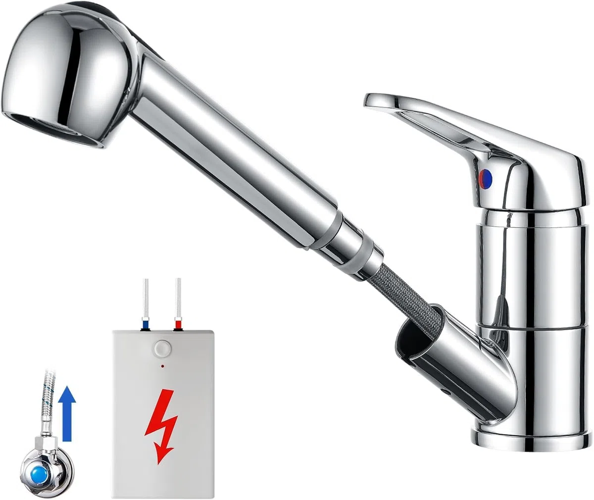 Auralum Niederdruck Armatur Küche, Wasserhahn Küche Ausziehbar, Küchenarmatur Niederdruck mit Brause Zwei Wasserstrahlarten, 360° Drehbar Mischbatterie Küche, Wasserhahn mit 3 anschluessen für Boiler