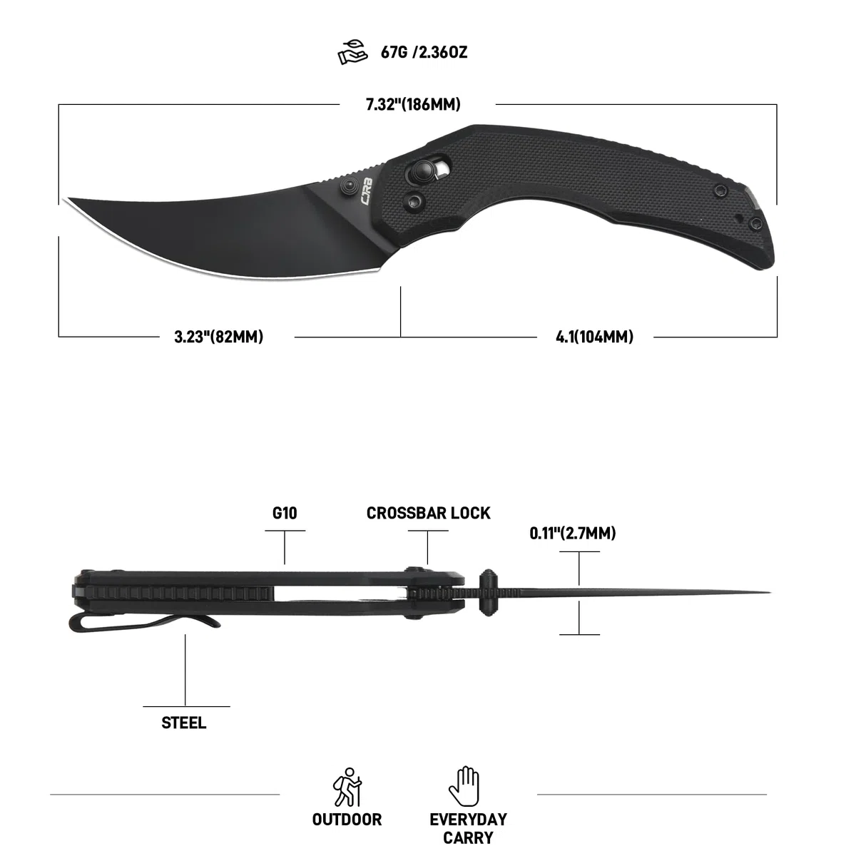 CJRB Nanner Taschenmesser mit 3,23" AR-RPM9 Stahlklinge, EDC Klappmesser mit G10 Griffschalen für Damen & Herren Camping Wandern, Design von Dustin Rhodes (J1955)