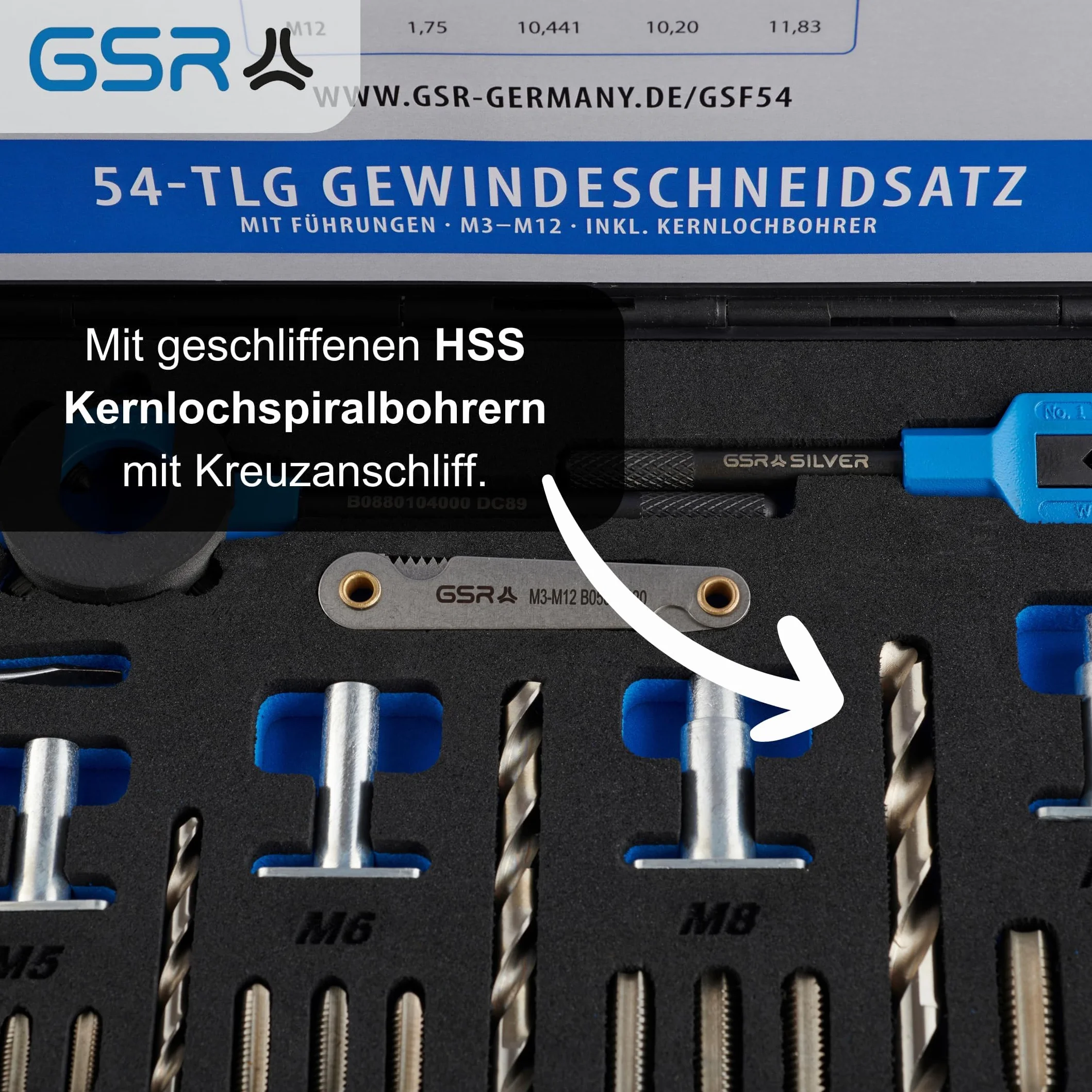 GSR Gewindeschneider Set 54-teilig für präzise HSS-Innen- und Außengewinde, M3–M12, mit Handgewindebohrern, Führungen, Kernloch-Spiralbohrern, Schneideisen, verstärkten Haltewerkzeugen
