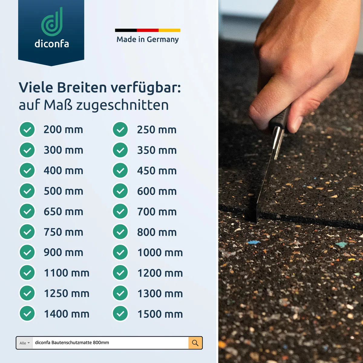 diconfa Bautenschutzmatte 1000mm 100cm 1m BREIT - 3 bis 20mm DICK - 0,05 bis 10m LANG - Auswahl: 1600mm 160cm 1,6m LANG, 6mm STARK - Gummimatte Antirutsch-Matte Fall-Schutzmatte Schall-Isolation