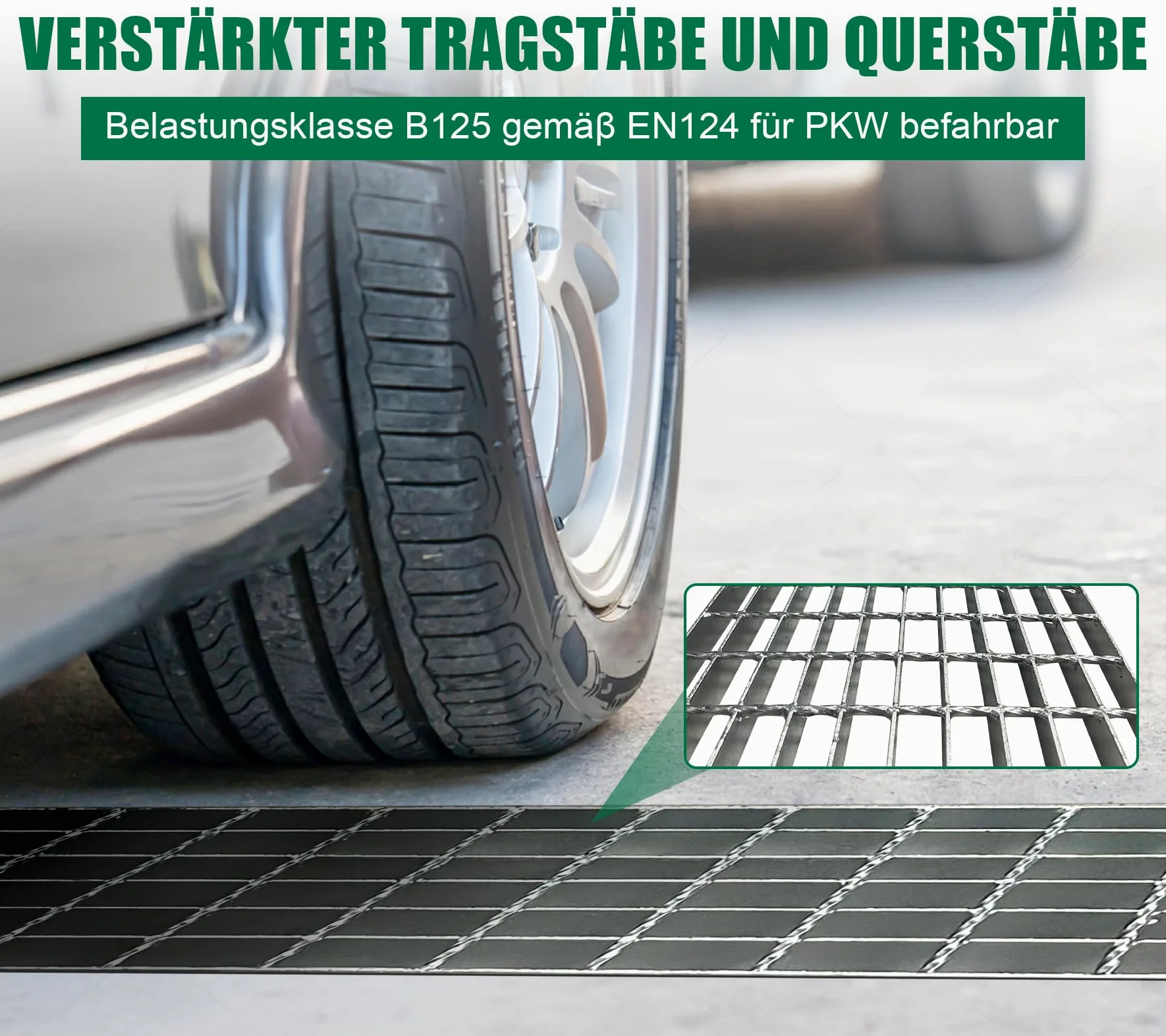 Gitterrost Verzinkt 1000x300x32 mm Tragstab 32/3 mm B125 PKW-Befahrbar Garagenrost Abflussrost Trittrost Gitterroststufe Rinnenrost für Garageneinfahrt Werkshalle Feuerverzinkt