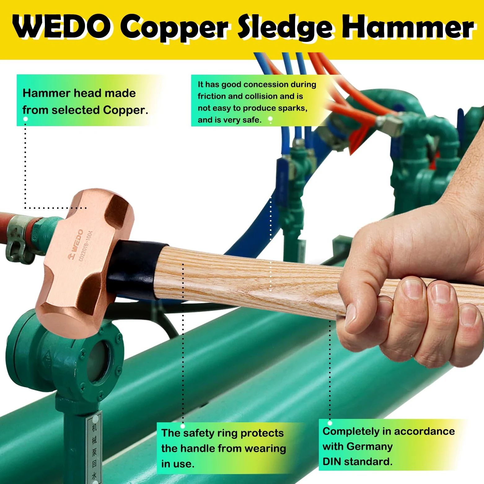 WEDO Kupferhammer,450g Kopfgewicht,310mm Länge, mit Holzgriff, langer gerader Griff, verstärkte Kopf-Griff-Verbindung, für Gartenarbeit und Bauwesen