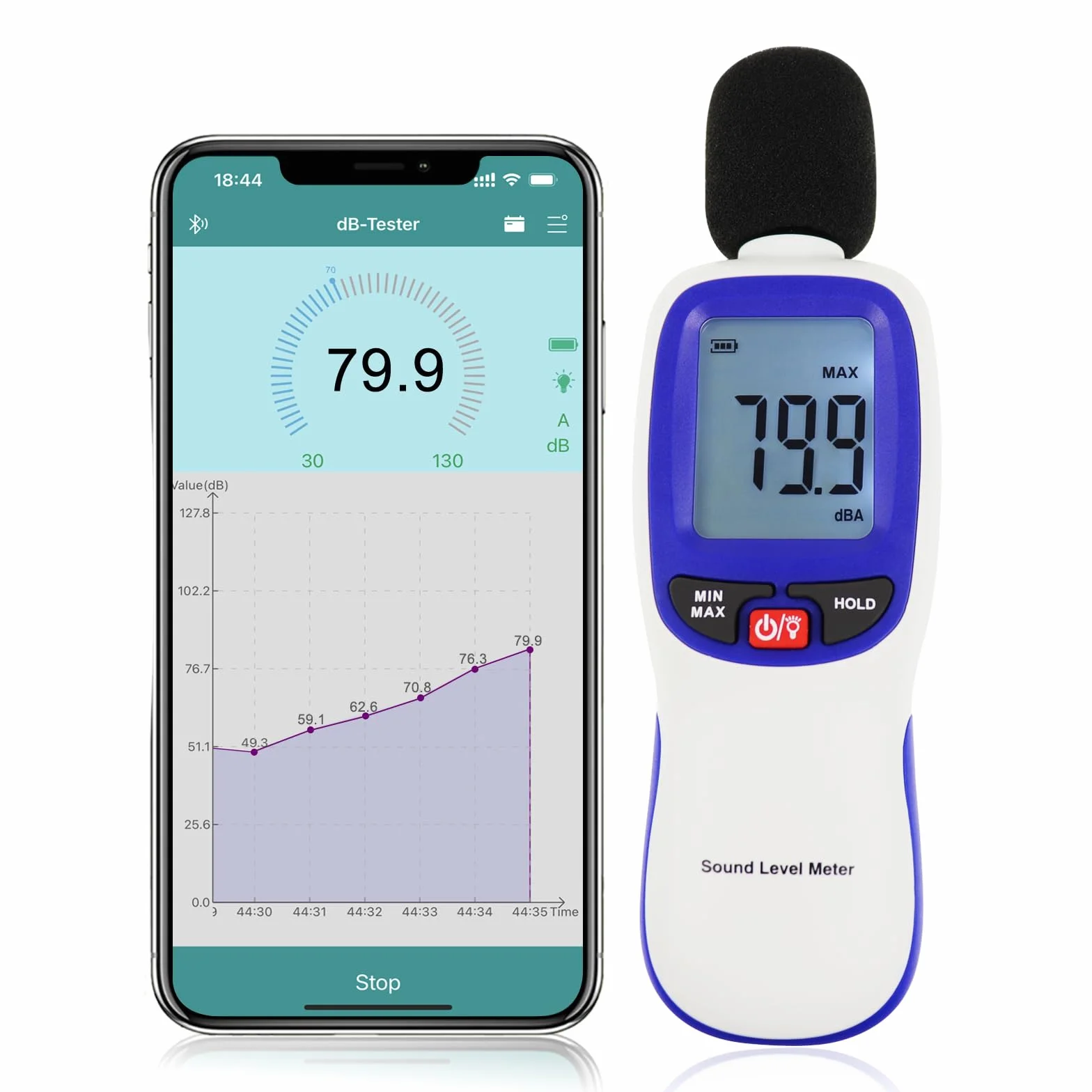Dezibel-Messgerät, kabellos, Schalldämmungsmesser mit App, Datenprotokollierung, Bluetooth, tragbar, Schallpegelmesser, hohe Genauigkeit, SPL-Meter für Klassenzimmer, Büro, Zuhause usw.