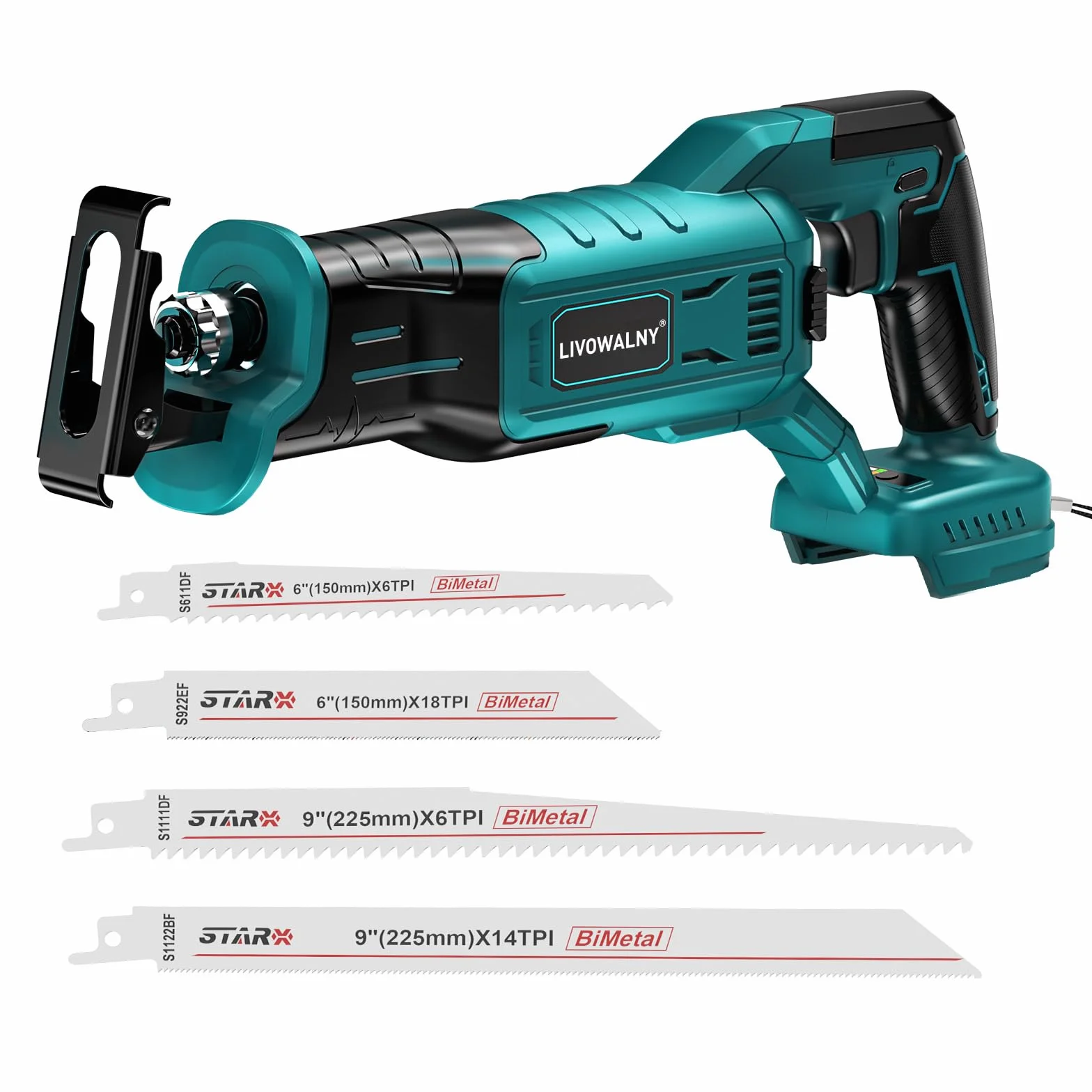 LIVOWALNY Akku Säbelsäge Kompatibel mit Makita 18V (Ohne Akku) - Reciprosäge Bürstenlos Motor 3200 SPM, 3 variable Geschwindigkeiten mit 4 Sägeblätter für Metall/Holz/PVC (Blau)