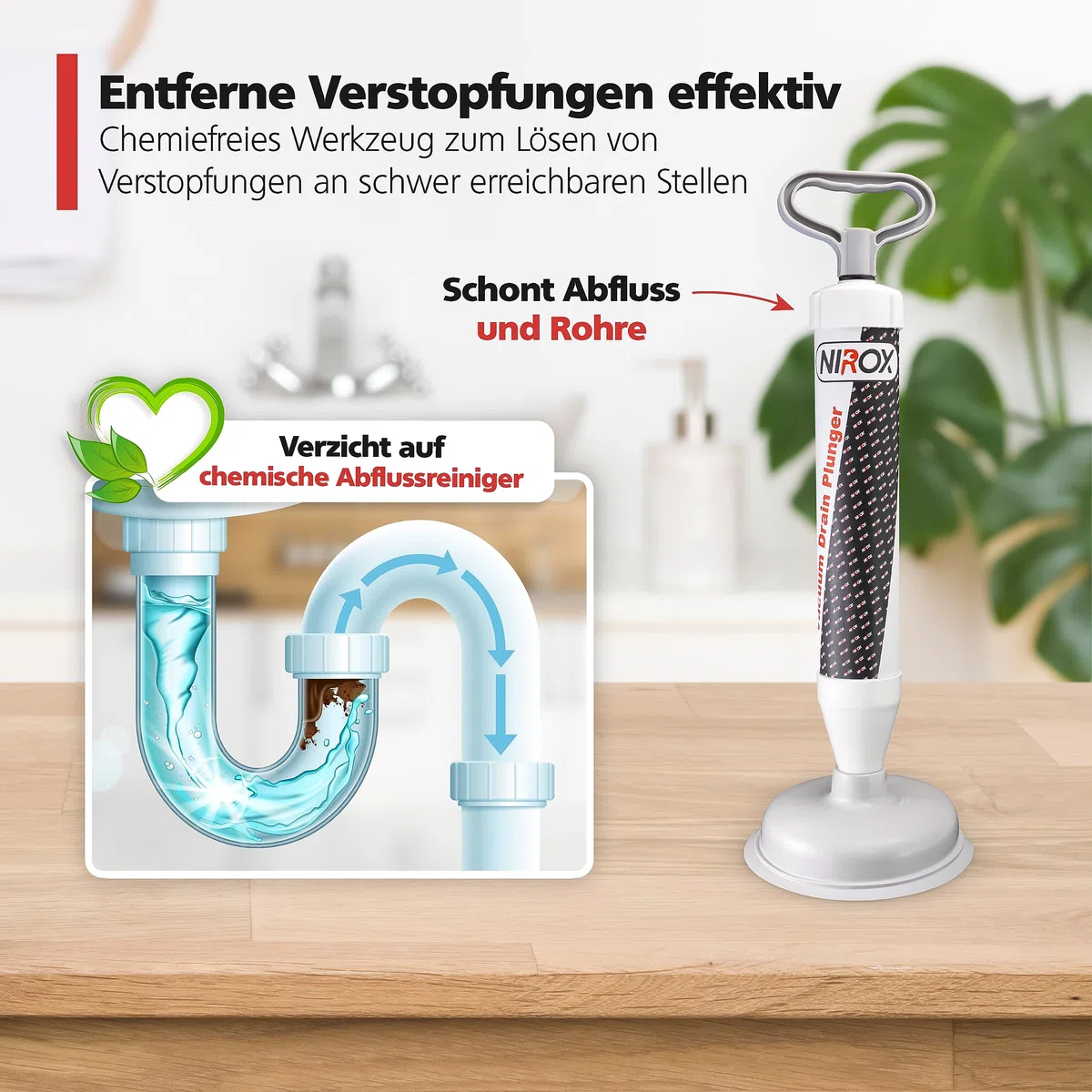 Nirox Saugglocke - Ausgussreiniger mit Hochdruck - Vakuum Pümpel mit starker Saugleistung - pflegeleichter Pömpel - Abflussstampfer mit kraftvoller Druckluft
