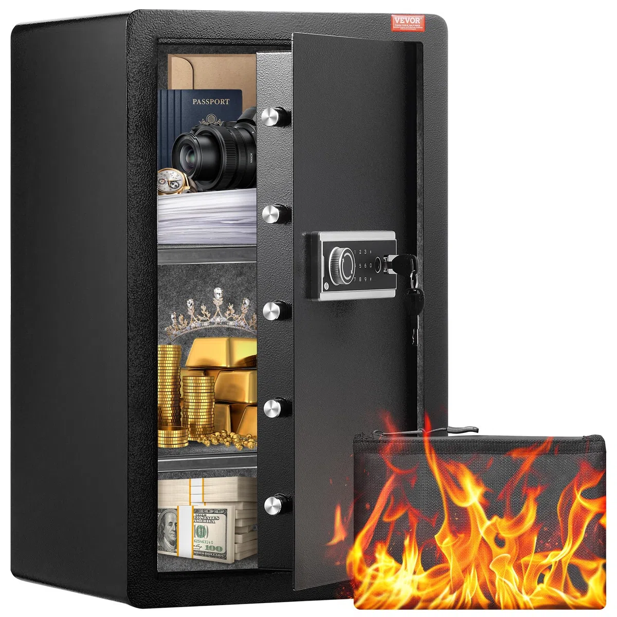 VEVOR Safe Tresor mit feuerfester Geldtasche, Einzeltür-Safe 5,5 Kubikfuß, 2 Trennwände, digitaler Möbeltresor mit Schlüssel Code Fingerabdruck, Wertsachenbox für Geld Schmuck, Geldtresor Schwarz