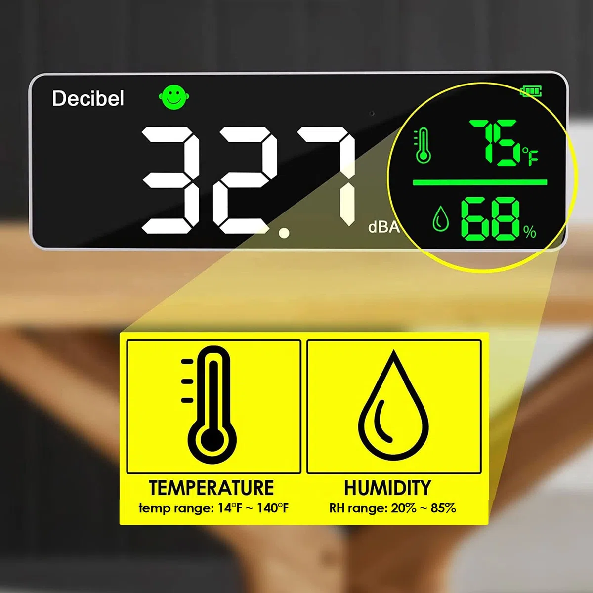 Dezibel-Messgerät, Wand-Schallpegelmesser, 28cm großes LED-Display, Geräuschtemperatur- und Luftfeuchtigkeitsmesser mit Alarmsymbolen, breite Anwendungen für Klassenzimmer, Studio, Zuhause, Fabrik