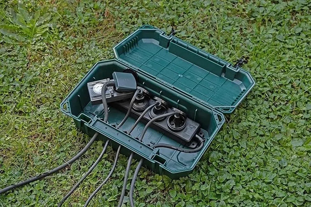 Electraline 300180 wasserdichte Schutzbox für Elektroanschlüsse im Freien wetterfest IP54 mit 5 Kabelausgängen (von 7,5 mm bis 12,4 mm), Abmessung 390x228x138 mm, Grun, Leer X-Large