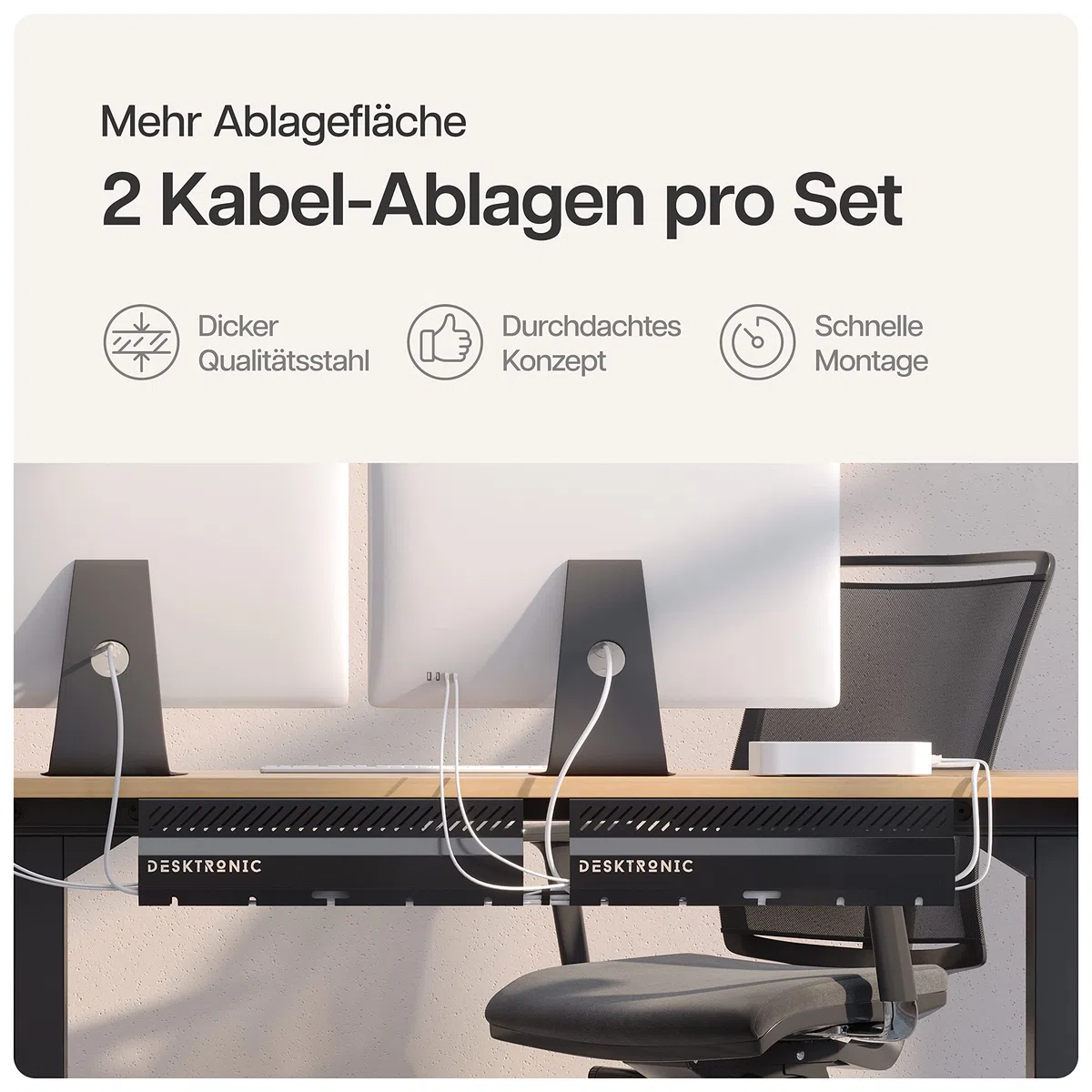 Kabelkanal Schreibtisch Schwarz 2er Set - Edelstahl Kabelmanagement Schreibtisch Kabelkanal mit 5 Kabelausschnitten - Einfach zu Installierender Kabel-Organizer - Kabelhalter von Desktronic