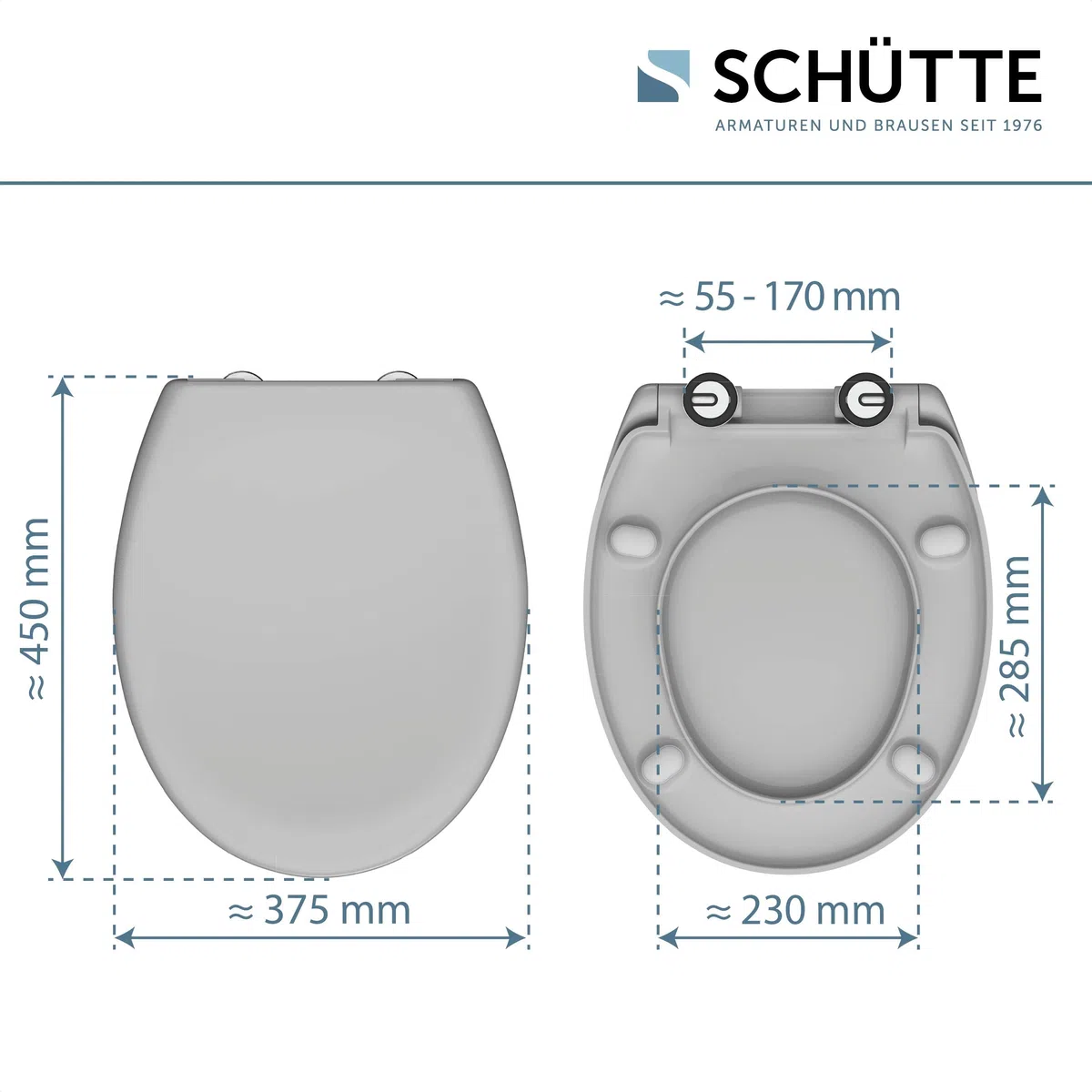 SCHÜTTE Oval WC-Sitz mit Absenkautomatik, Abnehmbarer Klodeckel aus bruchsicherem Duroplast, DIY Montage mit Klebepads und Schablone, Toilettendeckel und Brille bis 200 kg belastbar, Grau