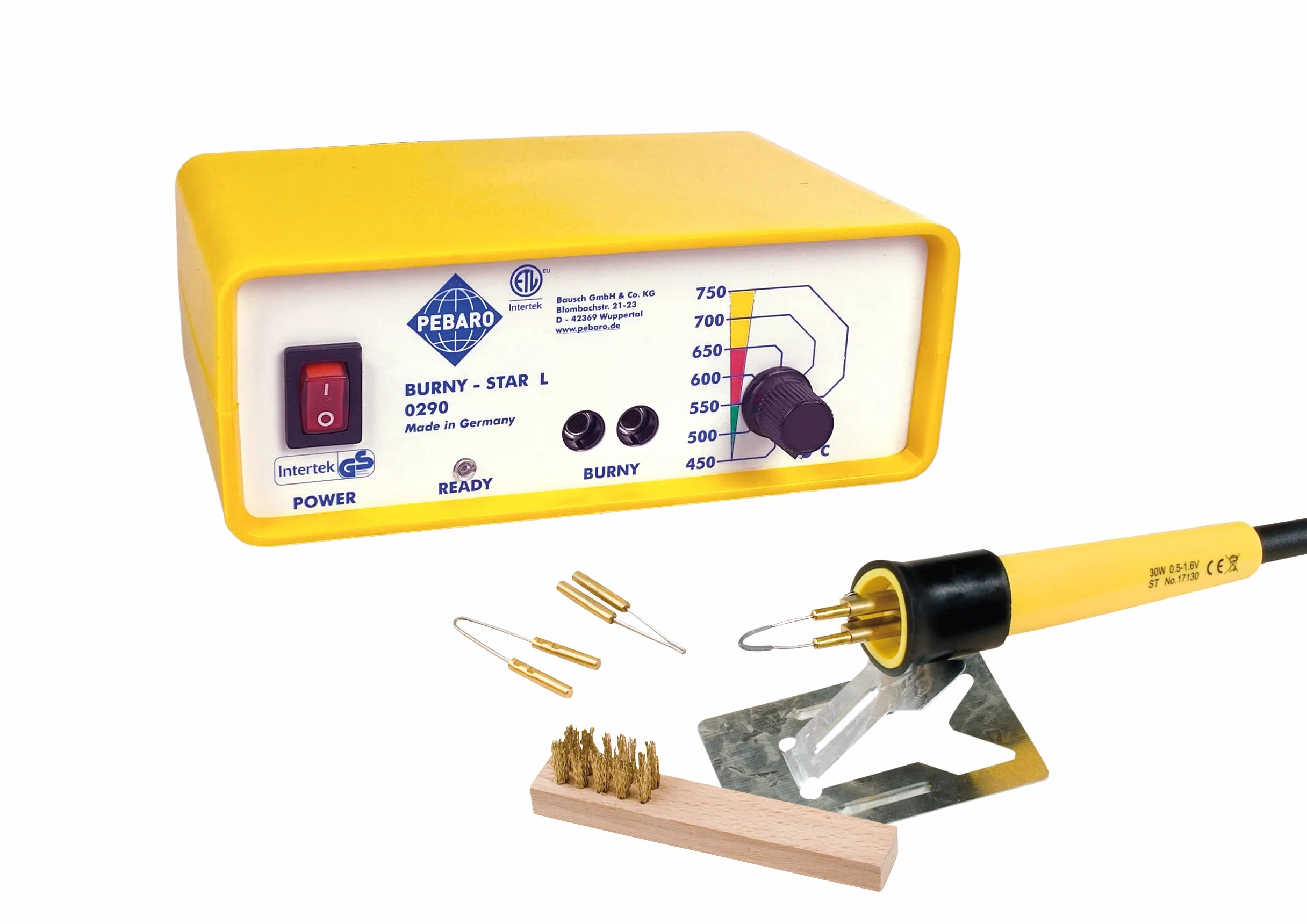 Pebaro 0290 Profi Brandmal Station mit stufenlose Temperaturregulierung, Brandmalkolben, 3 Brennschleifen, Bürste; Brandmalerei, Pyrographie, Holzbrennen, Schreiben, Zeichnen auf Holz, Leder, Kork