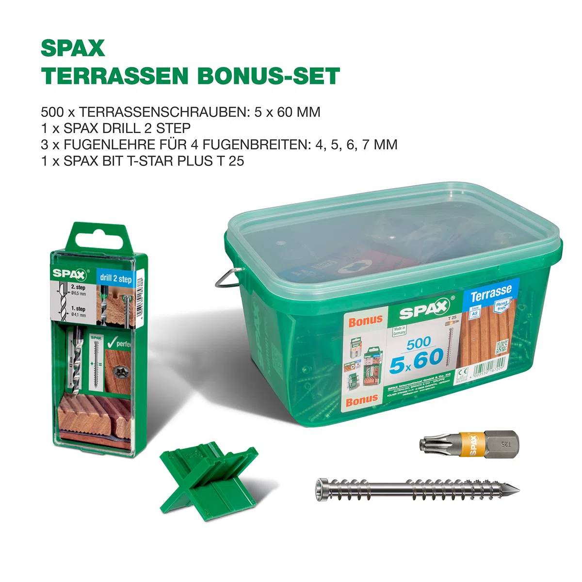 SPAX Terrassenbau-Set, komplettes Montageset – Größe bis ca. 10qm, Terrassenschrauben Edelstahl A2, Abstandshalter, Bit, Stufenbohrer, Fugenlehre, Tape, Pads & Maßband – 5000009100039