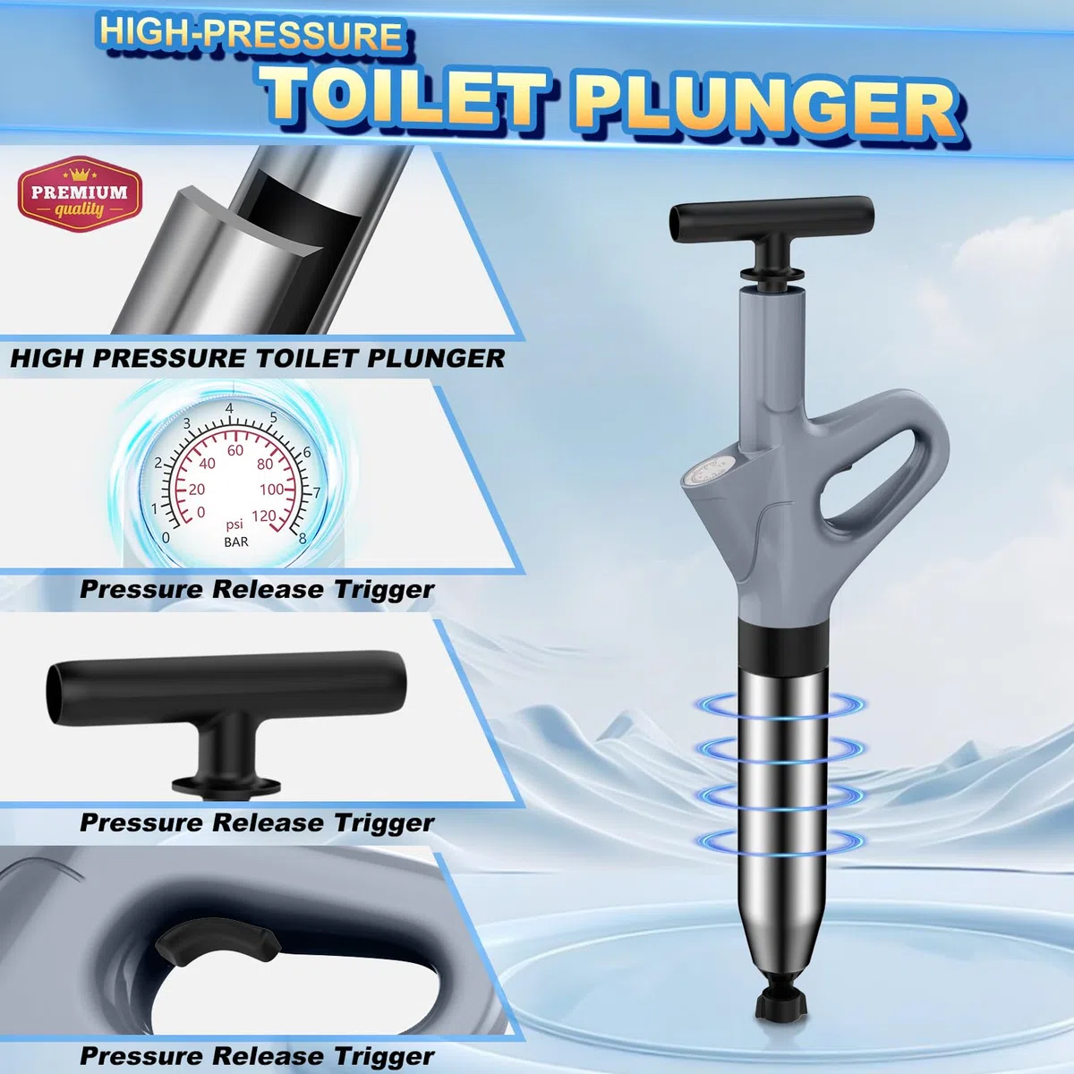 Pömpel Toilette, Rohrreiniger Druckluft mit Luftdruckanzeige, Pressluft Rohrreiniger mit 4 Saugnäpfen für Waschbecken, Toiletten, Badezimmer, Dusche, Küche
