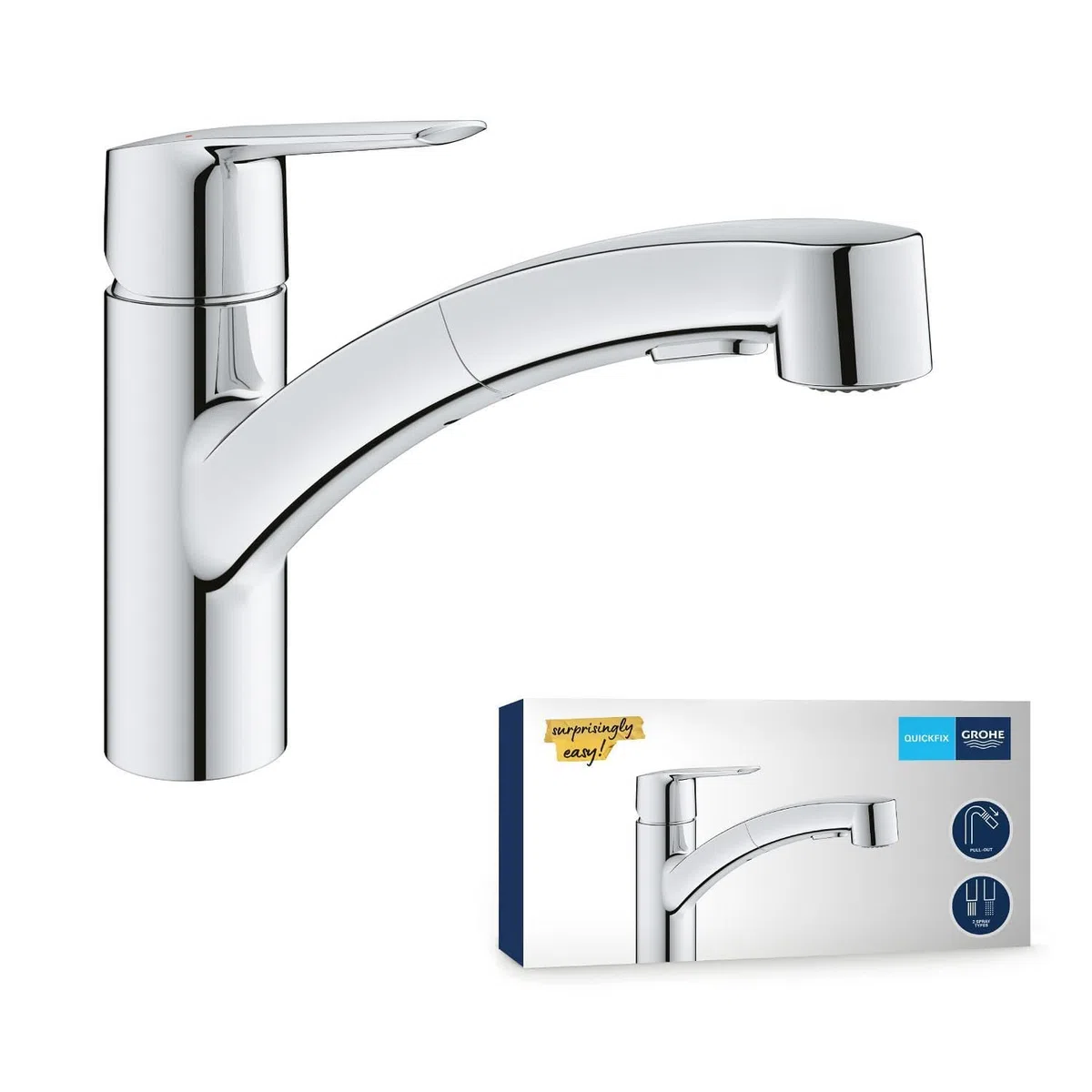 GROHE Start, Küchenarmatur 2 Strahlarten (Wasserhahn Küche mit ausziehbarer Brause, 90° schwenkbar, wassersparend dank variabler Mengenbegrenzung, werkzeugfreie Spülbecken-Montage), chrom, 30531001