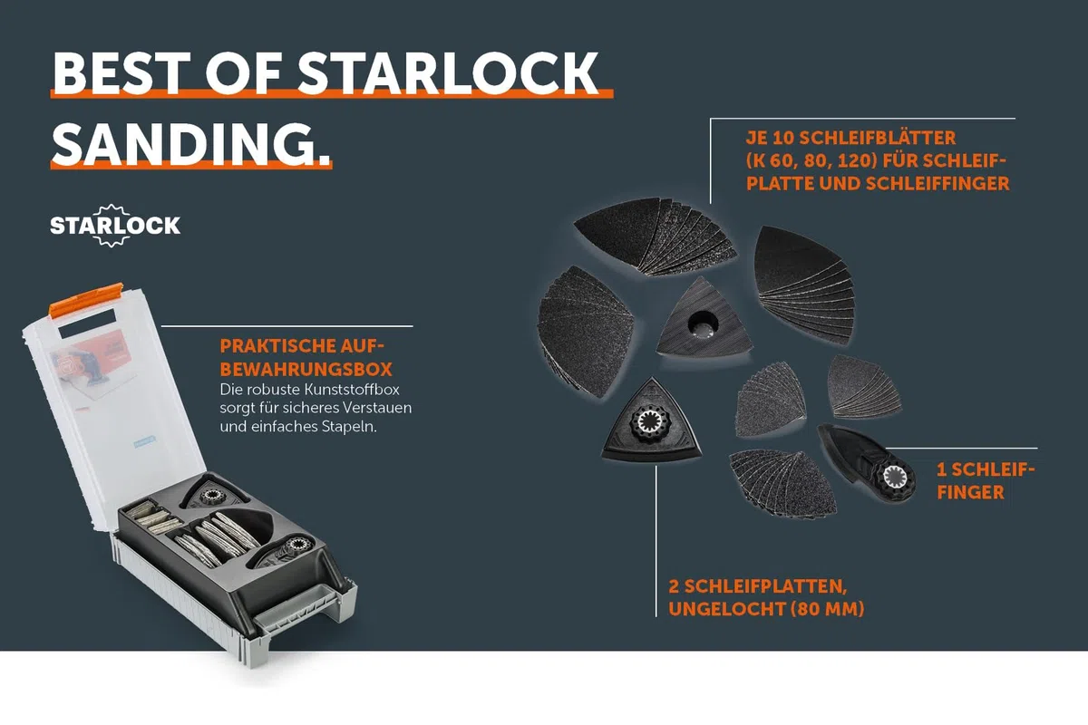 Fein Best of Starlock Sanding (63 teiliges Zubehör-Set für Multitools, Aufnahme Starlock, 2 Schleifplatten, 1 Schleiffinger, Schleifblätter K 60, 80, 120) 35222967040