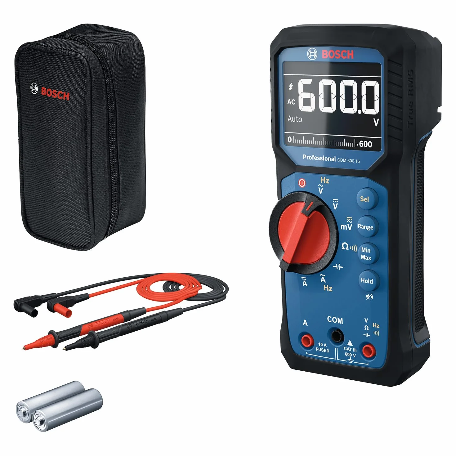 Bosch Professional Digitales Multimeter GDM 600-15 (True RMS, invertiertes LCD, misst Frequenz/Durchgang/Widerstand/Kapazität, Min/Max/Durchschnitt, Messleitungen MS 90)