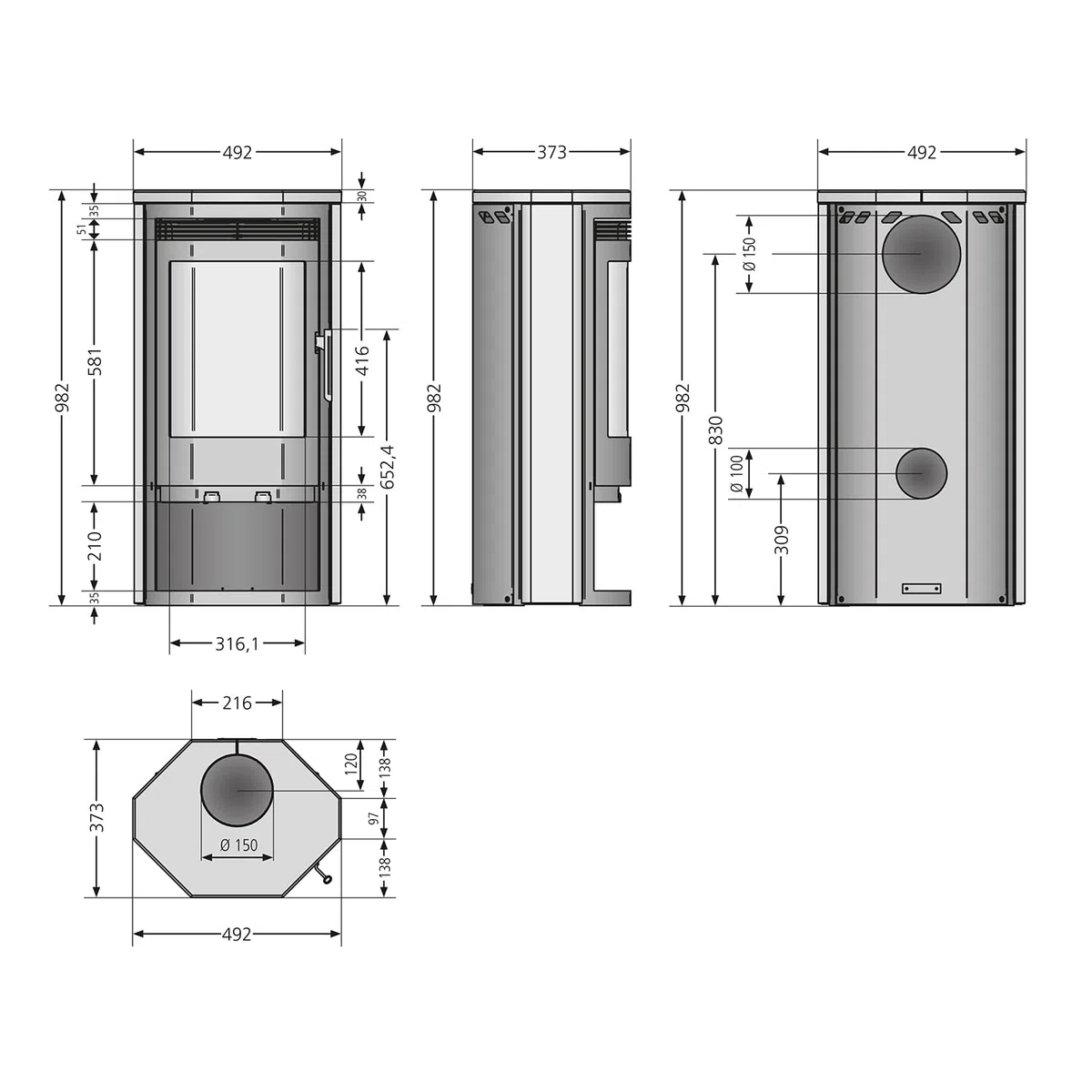 Justus Usedom 5 Kaminofen Stahl Schwarz mit Sandsteinverkleidung 5,5 kW Nennleistung Prismaglas Scheibenspülung Holzfach Bauart 1 Rauchrohr 150 mm