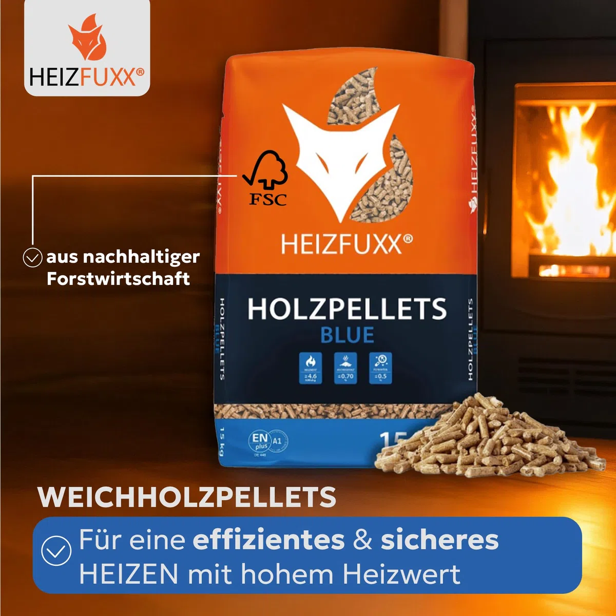 HEIZFUXX Holzpellets Blue 6mm ENplusA1-975kg (65 x 15kg) - Weichholz