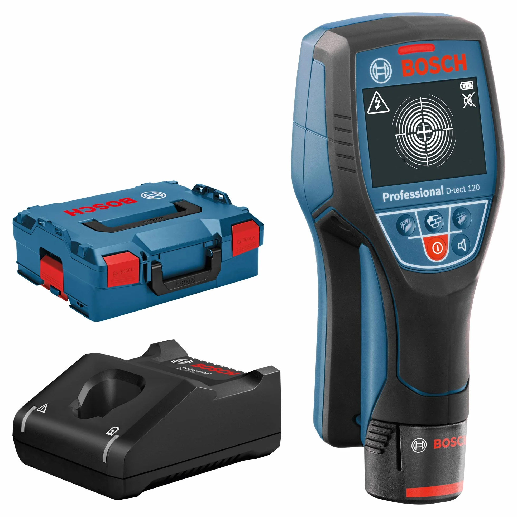 Bosch Professional System Ortungsgerät D-tect (1 Akku 12V, max. Ortungstiefe Kunststoffrohre/Holzunterkonstruktion/spannungsführende Leitungen/Eisenmetalle: 60/38/60/120/120 mm, L-Boxx)