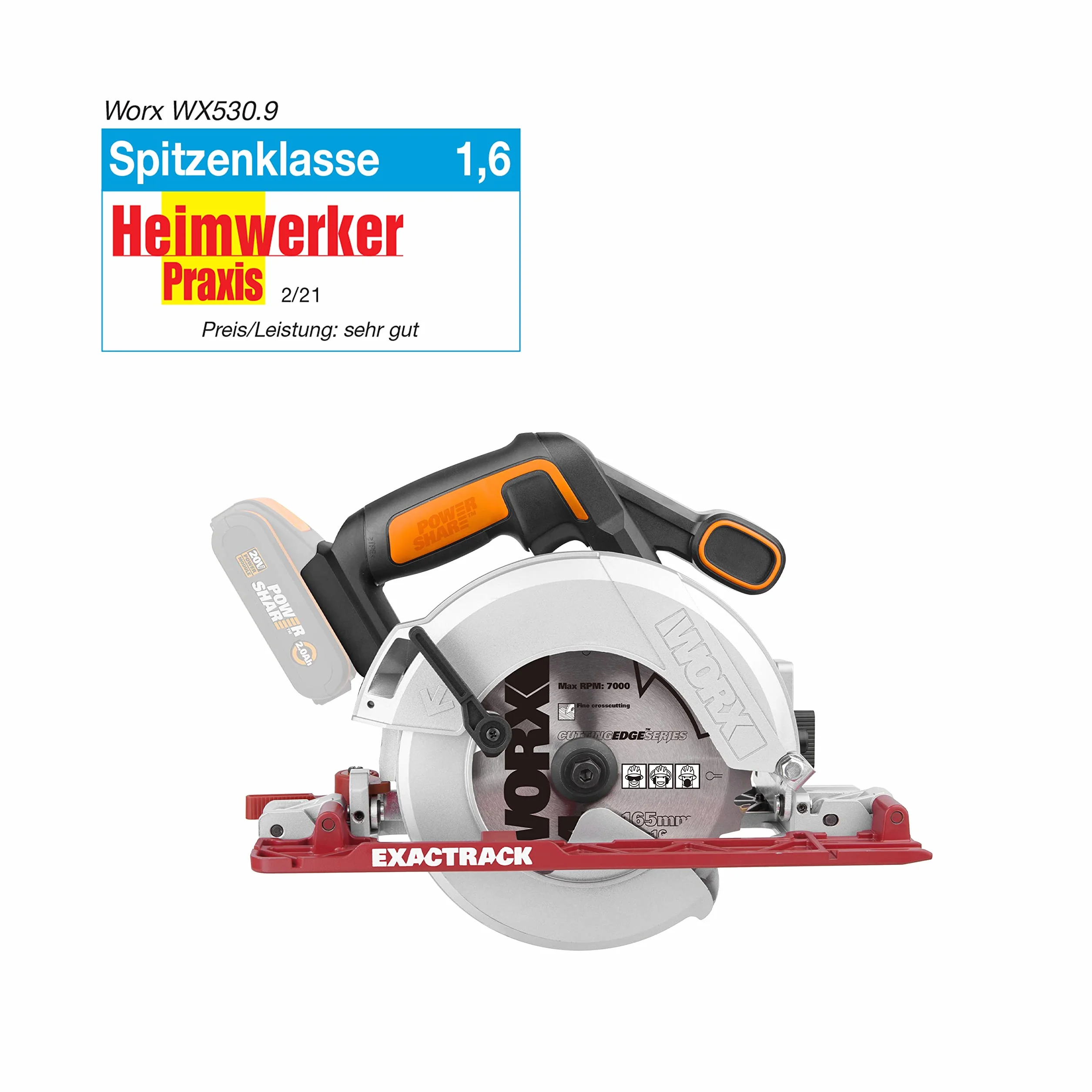 WORX WX530.9 Akku-Handkreissäge – Profi Kreissäge mit Absaug-Adapter – Ideal auch für Schnitte auf Gehrung – 165 mm - PowerShare kompatibel – Wird ohne Akku & Ladegerät geliefert