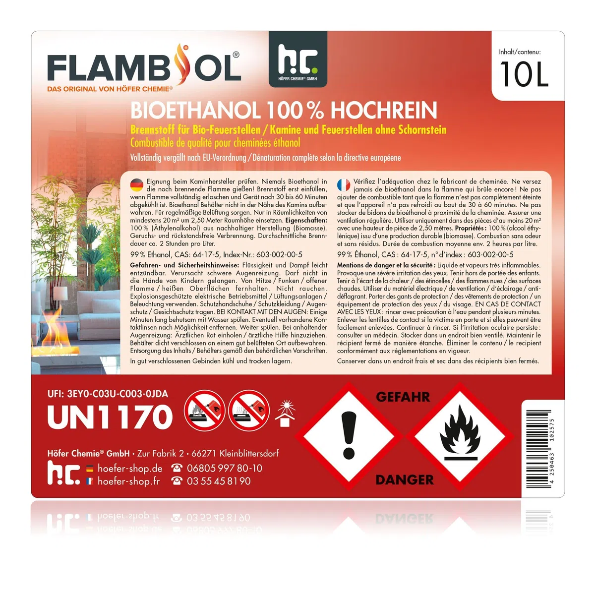 Höfer Chemie 10 L FLAMBIOL® Bioethanol 100% Hochrein für Ethanol Kamin, Ethanol Feuerstelle, Tischfeuer und Bioethanol Kamin