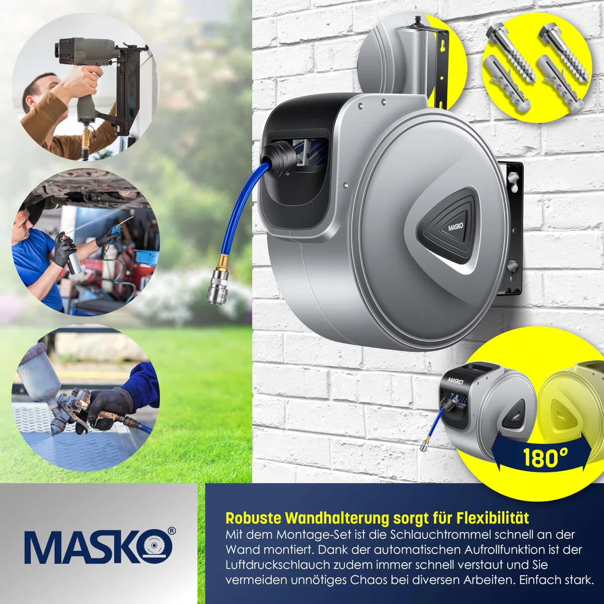 MASKO® Automatik Druckluftschlauch Aufroller 30m – Schlauchtrommel mit 1/4" Anschluss, Schlauchaufroller, Wandhalterung, Tragegriff, 180° schwenkbar, Schlauchbremse, vormontiert/sofort einsatzbereit