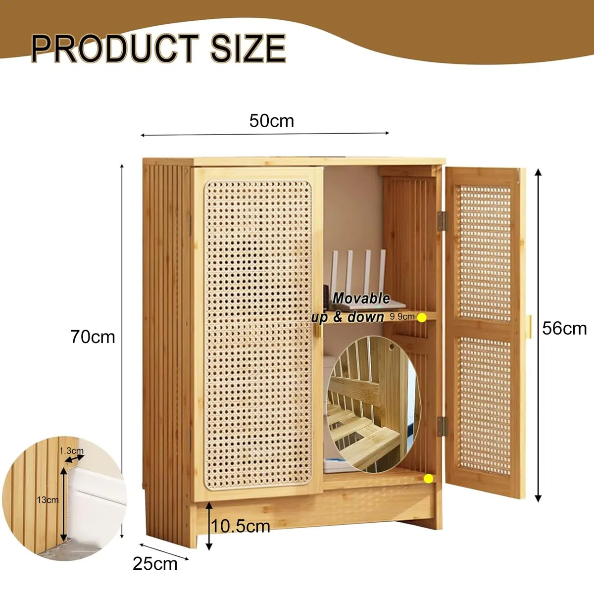 Jueraori Rattan Router Schrank Verstecken, WiFi Router Aufbewahrungsbox mit Verstellbaren Regalen, Vielseitig Bambus Aufbewahrungsschrank für Wäsche, Küche, Wohnzimmer, 70x50x25cm