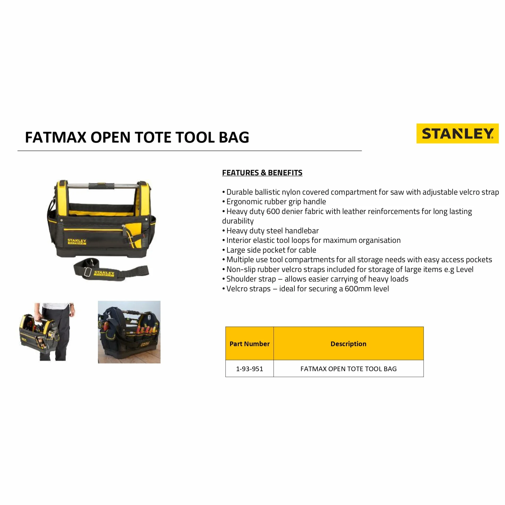 STANLEY FATMAX Werkzeugtrage (48cm x 25cm x 33cm, 600 Denier Nylon, wasserdichter Kunststoffboden, ergonomischer Gummigriff, Rahmen stahlverstärkt, verstellbarer Schultergurt) 1-93-951