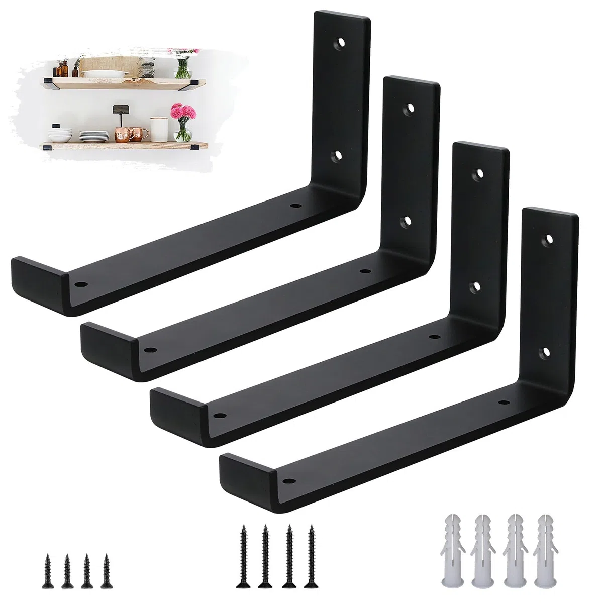 Regalhalterungen Schwerlastwinkel 4 Stück - 5 mm Starke Stahl Metall Regalträger mit Lippen, Industrielle Rustikale Schwarz Wand Regal Halterungen Kit 25 cm